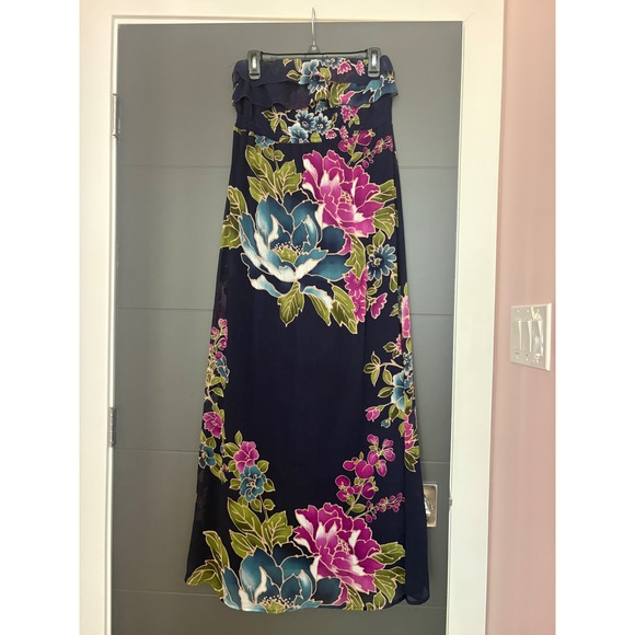Xhilaration Dresses & Skirts - Floral Strapless Maxi Dress Navy Blue Pink Teal Ruffle Tube Top Summer Chiffon